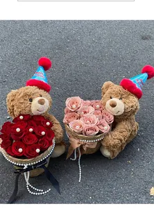 Teddy bear rose baskets gift set featuring red and pink flowers with pearl decorations