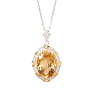 Detailed close-up view of an elegant s925 silver pendant with an oval yellow citrine stone
