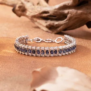 Bracelet exquis en argent S925 avec saphirs bleus naturels et pierres CZ étincelantes