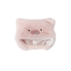 Cute pink plush pig hat with adjustable chin strap and soft faux fur warm texture