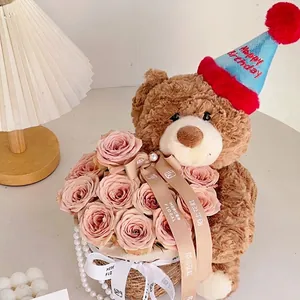 Handmade Mother's Day Teddy Bear Flower Bucket DIY Gift Set Brown Plush Bear With Birthday Hat And Woven Basket For Women