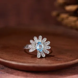 Nahaufnahme eines silbernen Gänseblümchen-Rings mit blauem Topas-Zentralstein und Akzenten.