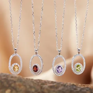 Set of S925 silver necklaces with colorful natural gemstones in oval halo pendants
