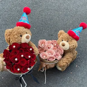 Romantic chestnut bear hug bucket with red roses for DIY birthday gift arrangement