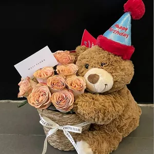 Romantic DIY teddy bear hugging flower bucket kit with fresh roses for Mother's Day birthday gift
