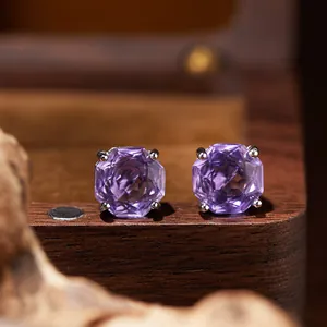 Detailed view of elegant octagonal purple amethyst stud earrings in S925 silver