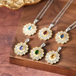 Detailed view of six sunburst-style pendants with varied colorful natural gemstones.