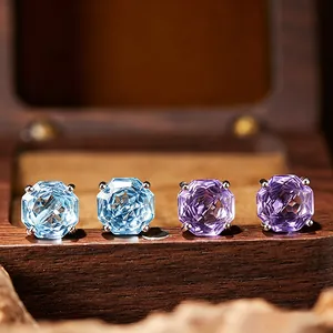 925 Sterling Silver Natural Topaz Amethyst White Crystal Stud Earrings For Women Minimalist Inlaid Gemstone Jewelry Ring Necklace Set