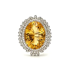 Detailed macro view of an oval-cut yellow citrine ring set in S925 sterling silver
