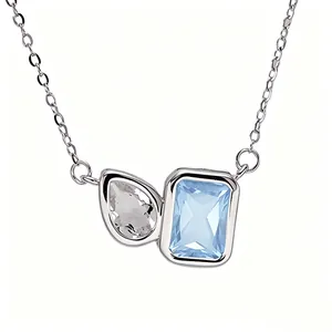 S925 sterling silver necklace with light blue topaz and white pear-shaped gemstone