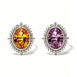 Detailed view of large oval cut natural amethyst and citrine silver pendants