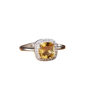Elegant S925 sterling silver cushion cut citrine ring with halo stones for women