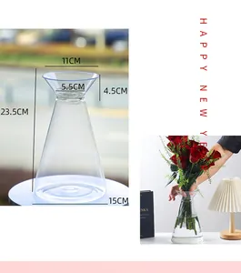 Transparent conical flower vase liner showing precise dimensions and handheld use