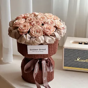 Round bouquet forming sheet for wedding flower packaging with brown textured fabric
