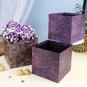 Set Of Two Marble Texture Flower Gift Boxes Square Round Flower Buckets For Roses Floral Arrangement Purple Stone Pattern Boxes