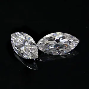 Close-up detail of two marquise-cut Moissanite stones with brilliant and clear VVS clarity