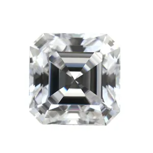 Macro view showing the precise Asscher cut facets of a D color moissanite stone