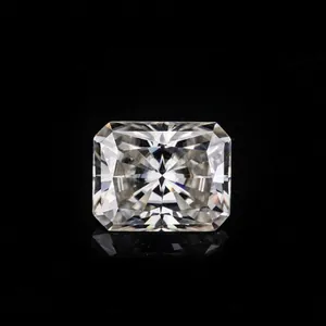 Detailed macro view of a radiant cut D color moissanite gemstone with brilliant facets