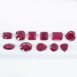 Detailed macro collection of lab-grown rubies featuring various classic gem shapes and cuts