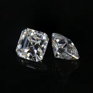 Detailed macro view of Asscher cut D color moissanite loose stone with brilliant fire