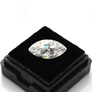 Macro view of marquise-cut Moissanite stone in black jewelry box with D color and VVS clarity