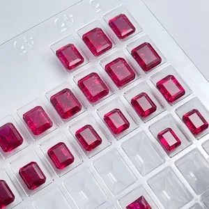 Detailed close-up of emerald cut lab-grown rubies with natural-looking silk inclusions