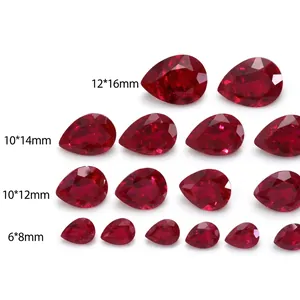 Lab-grown pigeon blood red pear-shaped synthetic ruby gemstones in multiple sizes