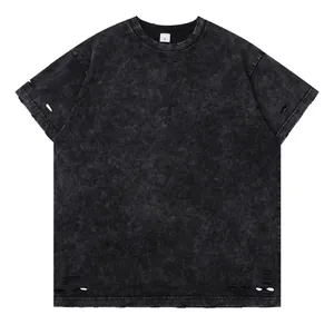Heavyweight 300g distressed acid-washed cotton oversized t-shirt with ripped holes
