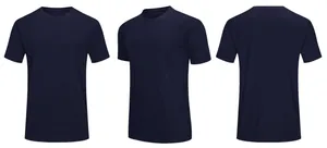 Detailed three-angle view of a navy blue quick-dry athletic t-shirt for sports and fitness.