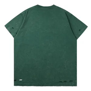 Heavyweight 300g vintage washed green cotton T-shirt with distressed ripped details