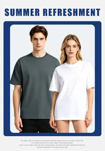Front view of male and female models in white and grey oversized cotton T-shirts