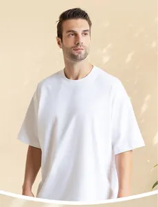 Detailed view of a premium white 300g heavyweight cotton T-shirt on a male model