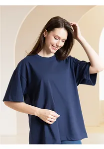 Detailed shot of navy blue 300G heavyweight pure cotton oversized crew neck T-shirt