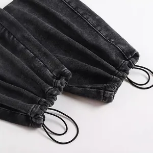 Men's washed black French terry sweatpants with bungee cord adjustable hem details