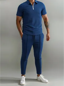 Men Casual Pique Polyester Polo Shirt And Pants Set Short Sleeve Zip Neck Top And Long Trousers Breathable Sports Tracksuit