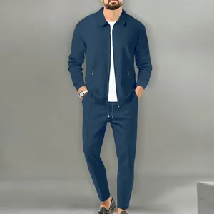 Men's navy blue jacquard grid 2-piece set with zipper jacket and matching leisure pants