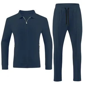 Detail view showing the jacquard texture of the navy blue men's zip jacket and pants