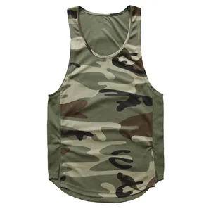 Detail shot of men's camouflage sports tank top with breathable quick-dry mesh fabric.
