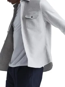 Close-up of men's casual light grey shirt jacket with thick comfortable texture