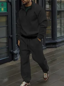 Men's black ribbed stand collar tracksuit set with zipper sweatshirt and pants