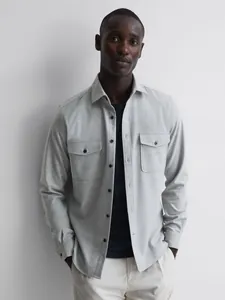 Men's premium casual grey shirt jacket featuring functional front flap pockets