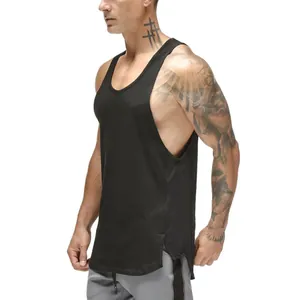 Detailed side view of a men's black quick-dry athletic tank top for gym fitness