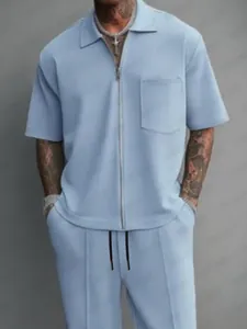 Men's light blue casual 2-piece set with short sleeve zipper lapel shirt and pants