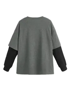 Detailed back view of women's loose grey and black fake two-piece long sleeve T-shirt