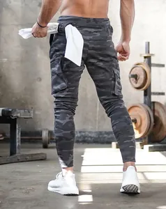 Men's camouflage fitness joggers with multi-pockets and back towel loop detail