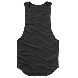 Detailed front view of black quick-dry men's sports tank top with a stylish curved hemline