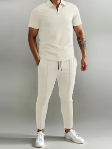 Full view of men's casual cream polo shirt and pants set with moisture-wicking fabric