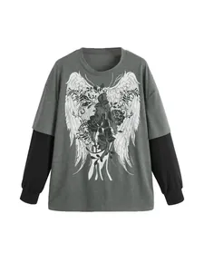 Detailed view of oversized fake two-piece T-shirt with angel wing and rose graphic print