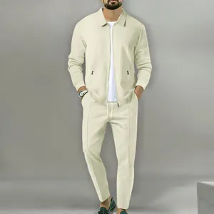 Men's casual 2-piece set with jacquard waffle texture zipper jacket and pants.