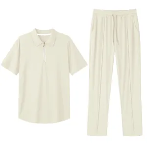 Men's cream casual 2-piece set featuring short-sleeved zipper polo shirt and long trousers